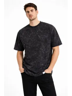 Erkek Asit Yıkama Bisiklet Yaka Kısa Kollu Oversize T-shirt Tişört - Siyah