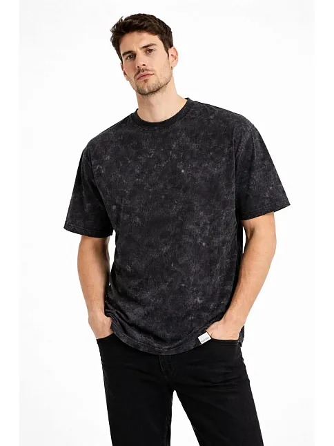 Erkek Asit Yıkama Bisiklet Yaka Kısa Kollu Oversize T-shirt Tişört - Siyah