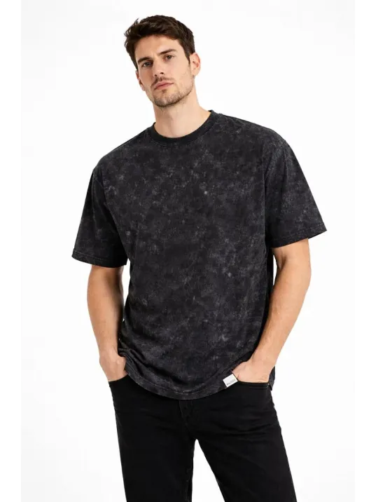 Erkek Asit Yıkama Bisiklet Yaka Kısa Kollu Oversize T-shirt Tişört - Siyah