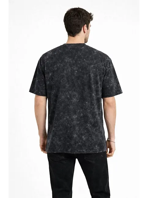 Erkek Asit Yıkama Bisiklet Yaka Kısa Kollu Oversize T-shirt Tişört - Siyah