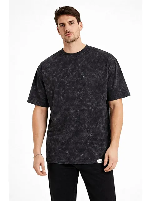 Erkek Asit Yıkama Bisiklet Yaka Kısa Kollu Oversize T-shirt Tişört - Siyah