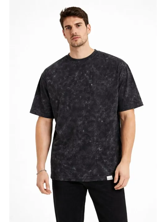 Erkek Asit Yıkama Bisiklet Yaka Kısa Kollu Oversize T-shirt Tişört - Siyah