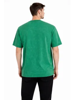 Erkek Asit Yıkama Bisiklet Yaka Kısa Kollu Oversize T-shirt Tişört - Yeşil