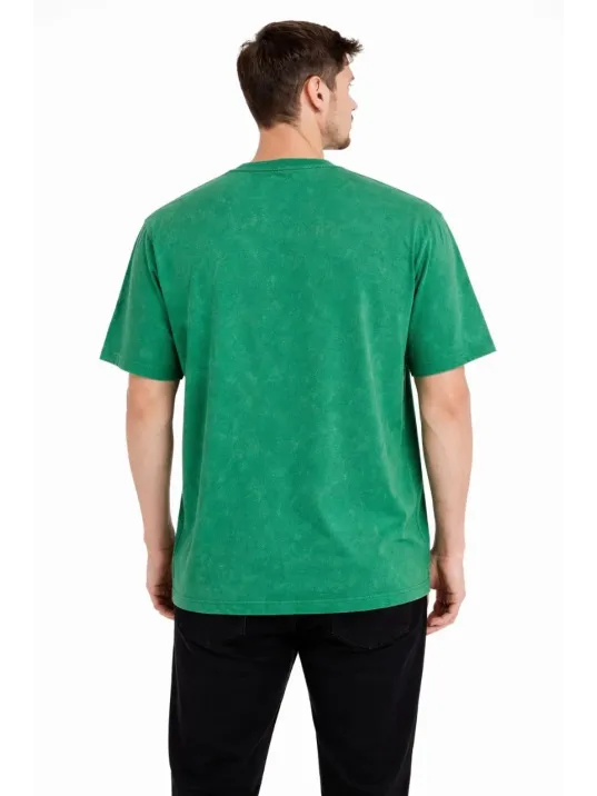 Erkek Asit Yıkama Bisiklet Yaka Kısa Kollu Oversize T-shirt Tişört - Yeşil