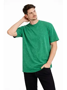 Erkek Asit Yıkama Bisiklet Yaka Kısa Kollu Oversize T-shirt Tişört - Yeşil