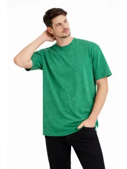 Erkek Asit Yıkama Bisiklet Yaka Kısa Kollu Oversize T-shirt Tişört - Yeşil