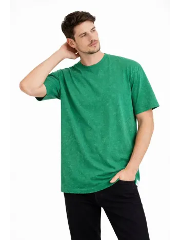 Erkek Asit Yıkama Bisiklet Yaka Kısa Kollu Oversize T-shirt Tişört - Yeşil