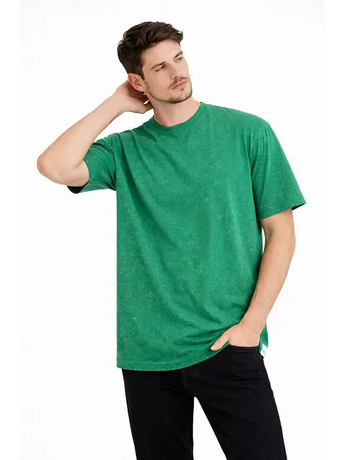 Erkek Asit Yıkama Bisiklet Yaka Kısa Kollu Oversize T-shirt Tişört - Yeşil