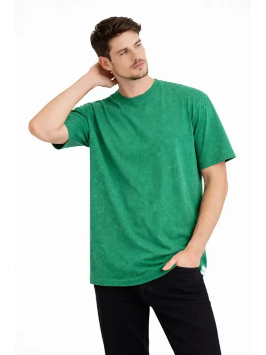 Erkek Asit Yıkama Bisiklet Yaka Kısa Kollu Oversize T-shirt Tişört - Yeşil