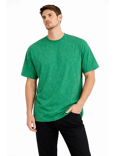 Erkek Asit Yıkama Bisiklet Yaka Kısa Kollu Oversize T-shirt Tişört - Yeşil