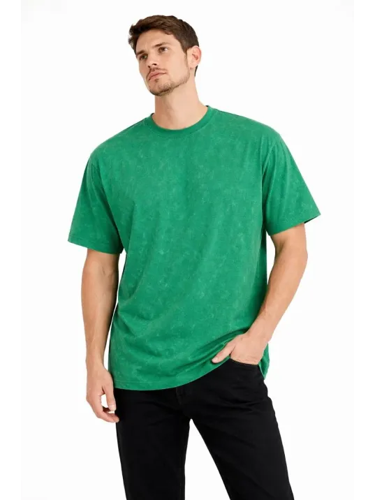 Erkek Asit Yıkama Bisiklet Yaka Kısa Kollu Oversize T-shirt Tişört - Yeşil