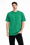 Erkek Asit Yıkama Bisiklet Yaka Kısa Kollu Oversize T-shirt Tişört - Yeşil