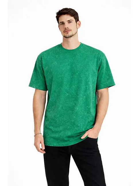 Erkek Asit Yıkama Bisiklet Yaka Kısa Kollu Oversize T-shirt Tişört - Yeşil