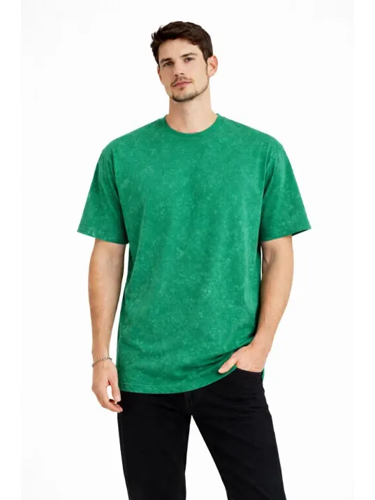 Erkek Asit Yıkama Bisiklet Yaka Kısa Kollu Oversize T-shirt Tişört - Yeşil