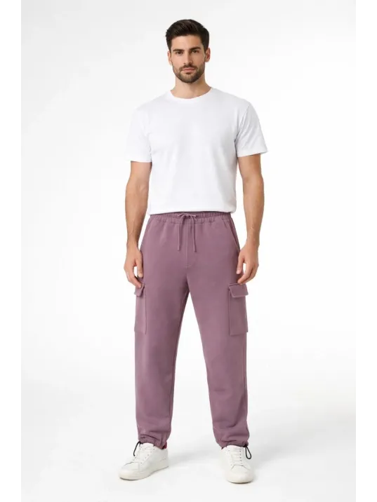 Erkek Baggy Üç İplik Kargo Cepli Eşofman Ayarlanabilir Paça Beli İpli Pantolon - Gül Kurusu
