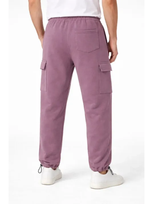 Erkek Baggy Üç İplik Kargo Cepli Eşofman Ayarlanabilir Paça Beli İpli Pantolon - Gül Kurusu