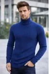 Erkek Balıkcı Yaka Bağazlı Triko Kazak Pamuklu Kalın Fitilli Dokuma, Regular Fit Uzun Kollu Kışlık Model - İndigo
