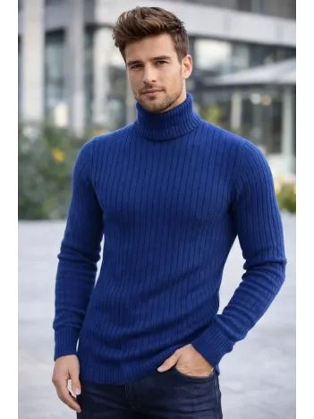 Erkek Balıkcı Yaka Bağazlı Triko Kazak Pamuklu Kalın Fitilli Dokuma, Regular Fit Uzun Kollu Kışlık Model - İndigo