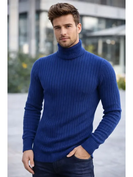 Erkek Balıkcı Yaka Bağazlı Triko Kazak Pamuklu Kalın Fitilli Dokuma, Regular Fit Uzun Kollu Kışlık Model - İndigo