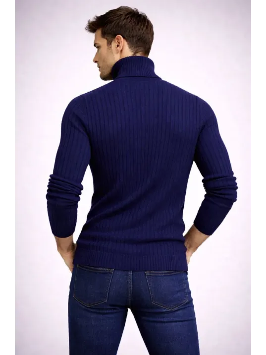 Erkek Balıkcı Yaka Bağazlı Triko Kazak Pamuklu Kalın Fitilli Dokuma, Regular Fit Uzun Kollu Kışlık Model - Lacivert
