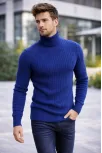 Erkek Balıkcı Yaka Bağazlı Triko Kazak Pamuklu Kalın Fitilli Dokuma, Regular Fit Uzun Kollu Kışlık Model - İndigo