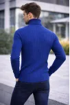 Erkek Balıkcı Yaka Bağazlı Triko Kazak Pamuklu Kalın Fitilli Dokuma, Regular Fit Uzun Kollu Kışlık Model - İndigo