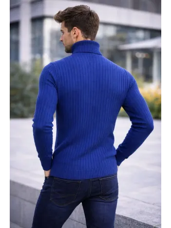 Erkek Balıkcı Yaka Bağazlı Triko Kazak Pamuklu Kalın Fitilli Dokuma, Regular Fit Uzun Kollu Kışlık Model - İndigo