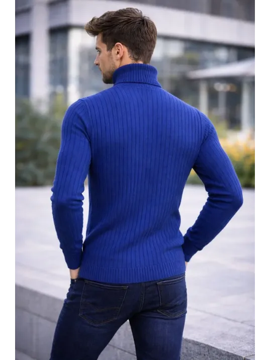 Erkek Balıkcı Yaka Bağazlı Triko Kazak Pamuklu Kalın Fitilli Dokuma, Regular Fit Uzun Kollu Kışlık Model - İndigo