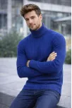 Erkek Balıkcı Yaka Bağazlı Triko Kazak Pamuklu Kalın Fitilli Dokuma, Regular Fit Uzun Kollu Kışlık Model - İndigo