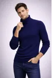 Erkek Balıkcı Yaka Bağazlı Triko Kazak Pamuklu Kalın Fitilli Dokuma, Regular Fit Uzun Kollu Kışlık Model - Lacivert