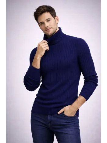Erkek Balıkcı Yaka Bağazlı Triko Kazak Pamuklu Kalın Fitilli Dokuma, Regular Fit Uzun Kollu Kışlık Model - Lacivert