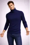 Erkek Balıkcı Yaka Bağazlı Triko Kazak Pamuklu Kalın Fitilli Dokuma, Regular Fit Uzun Kollu Kışlık Model - Lacivert