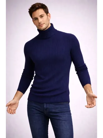 Erkek Balıkcı Yaka Bağazlı Triko Kazak Pamuklu Kalın Fitilli Dokuma, Regular Fit Uzun Kollu Kışlık Model - Lacivert