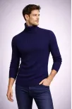 Erkek Balıkcı Yaka Bağazlı Triko Kazak Pamuklu Kalın Fitilli Dokuma, Regular Fit Uzun Kollu Kışlık Model - Lacivert