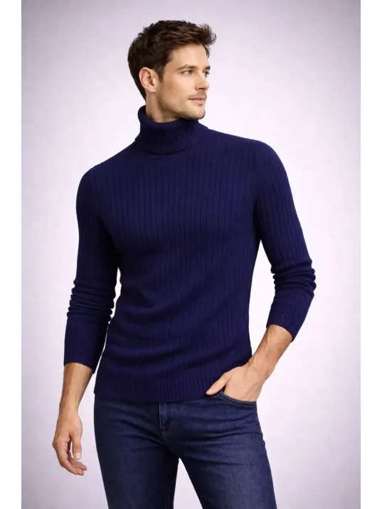 Erkek Balıkcı Yaka Bağazlı Triko Kazak Pamuklu Kalın Fitilli Dokuma, Regular Fit Uzun Kollu Kışlık Model - Lacivert