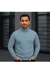 Erkek Balıkcı Yaka Bağazlı Triko Kazak Pamuklu Kalın Fitilli Dokuma, Regular Fit Uzun Kollu Kışlık Model - Bebe Mavisi