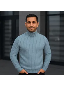 Erkek Balıkcı Yaka Bağazlı Triko Kazak Pamuklu Kalın Fitilli Dokuma, Regular Fit Uzun Kollu Kışlık Model - Bebe Mavisi