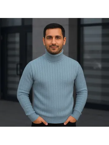 Erkek Balıkcı Yaka Bağazlı Triko Kazak Pamuklu Kalın Fitilli Dokuma, Regular Fit Uzun Kollu Kışlık Model - Bebe Mavisi