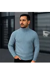 Erkek Balıkcı Yaka Bağazlı Triko Kazak Pamuklu Kalın Fitilli Dokuma, Regular Fit Uzun Kollu Kışlık Model - Bebe Mavisi