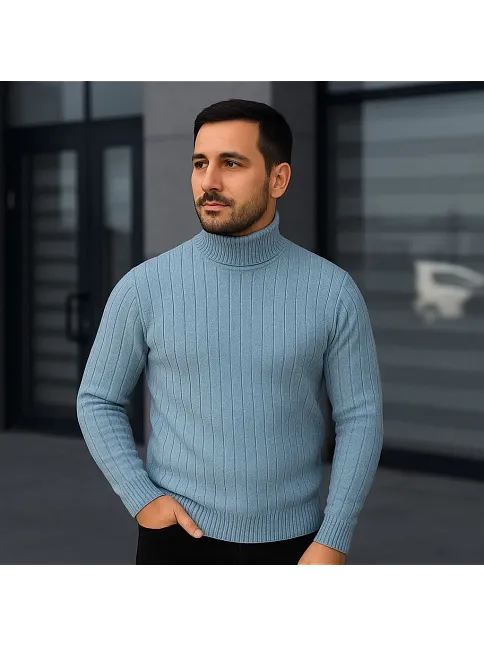 Erkek Balıkcı Yaka Bağazlı Triko Kazak Pamuklu Kalın Fitilli Dokuma, Regular Fit Uzun Kollu Kışlık Model - Bebe Mavisi