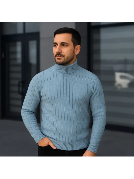 Erkek Balıkcı Yaka Bağazlı Triko Kazak Pamuklu Kalın Fitilli Dokuma, Regular Fit Uzun Kollu Kışlık Model - Bebe Mavisi Erkek Balıkcı Yaka Bağazlı Triko Kazak Pamuklu Kalın Fitilli Dokuma, Regular Fit Uzun Kollu Kışlık Model - Bebe Mavisi