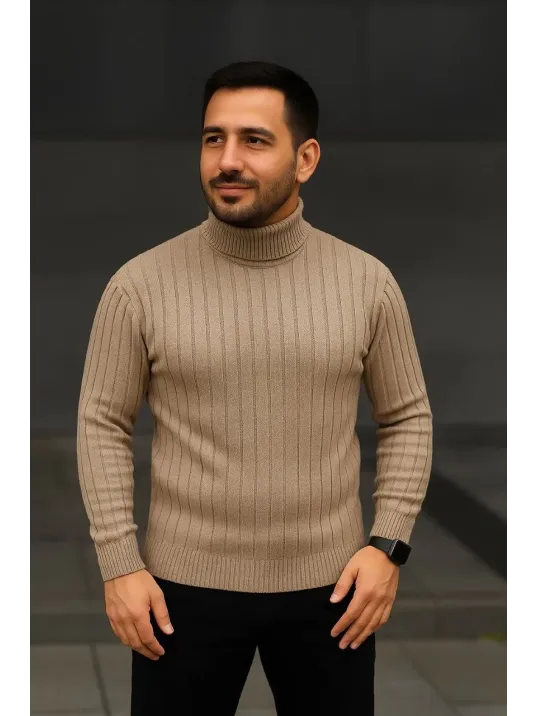 Erkek Balıkcı Yaka Bağazlı Triko Kazak Pamuklu Kalın Fitilli Dokuma, Regular Fit Uzun Kollu Kışlık Model - Bej Erkek Balıkcı Yaka Bağazlı Triko Kazak Pamuklu Kalın Fitilli Dokuma, Regular Fit Uzun Kollu Kışlık Model - Bej