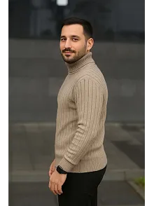 Erkek Balıkcı Yaka Bağazlı Triko Kazak Pamuklu Kalın Fitilli Dokuma, Regular Fit Uzun Kollu Kışlık Model - Bej