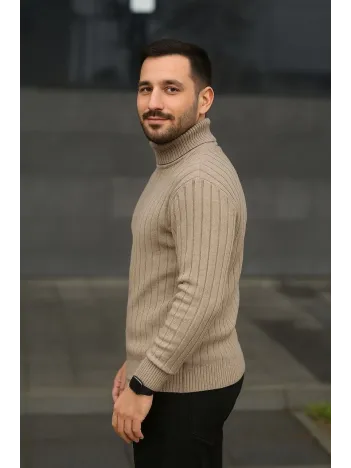 Erkek Balıkcı Yaka Bağazlı Triko Kazak Pamuklu Kalın Fitilli Dokuma, Regular Fit Uzun Kollu Kışlık Model - Bej Erkek Balıkcı Yaka Bağazlı Triko Kazak Pamuklu Kalın Fitilli Dokuma, Regular Fit Uzun Kollu Kışlık Model - Bej