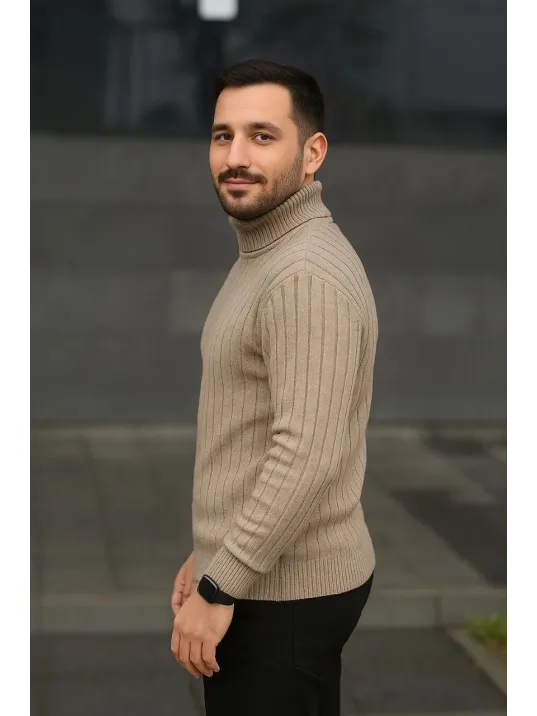 Erkek Balıkcı Yaka Bağazlı Triko Kazak Pamuklu Kalın Fitilli Dokuma, Regular Fit Uzun Kollu Kışlık Model - Bej Erkek Balıkcı Yaka Bağazlı Triko Kazak Pamuklu Kalın Fitilli Dokuma, Regular Fit Uzun Kollu Kışlık Model - Bej