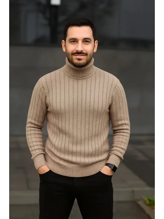 Erkek Balıkcı Yaka Bağazlı Triko Kazak Pamuklu Kalın Fitilli Dokuma, Regular Fit Uzun Kollu Kışlık Model - Bej Erkek Balıkcı Yaka Bağazlı Triko Kazak Pamuklu Kalın Fitilli Dokuma, Regular Fit Uzun Kollu Kışlık Model - Bej