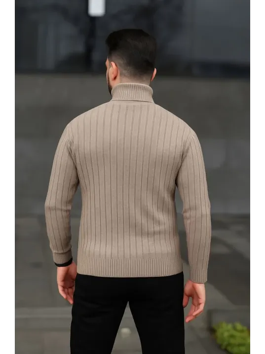 Erkek Balıkcı Yaka Bağazlı Triko Kazak Pamuklu Kalın Fitilli Dokuma, Regular Fit Uzun Kollu Kışlık Model - Bej Erkek Balıkcı Yaka Bağazlı Triko Kazak Pamuklu Kalın Fitilli Dokuma, Regular Fit Uzun Kollu Kışlık Model - Bej