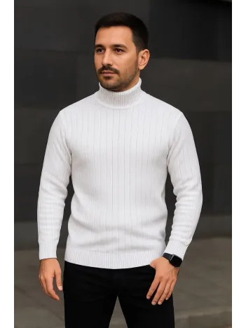 Erkek Balıkcı Yaka Bağazlı Triko Kazak Pamuklu Kalın Fitilli Dokuma, Regular Fit Uzun Kollu Kışlık Model - Beyaz
