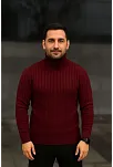Erkek Balıkcı Yaka Bağazlı Triko Kazak Pamuklu Kalın Fitilli Dokuma, Regular Fit Uzun Kollu Kışlık Model - Bordo