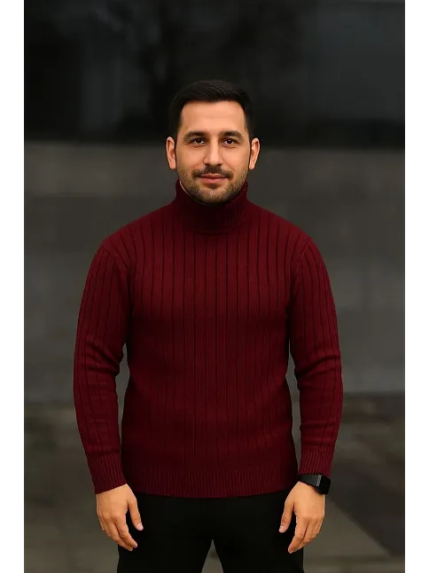 Erkek Balıkcı Yaka Bağazlı Triko Kazak Pamuklu Kalın Fitilli Dokuma, Regular Fit Uzun Kollu Kışlık Model - Bordo